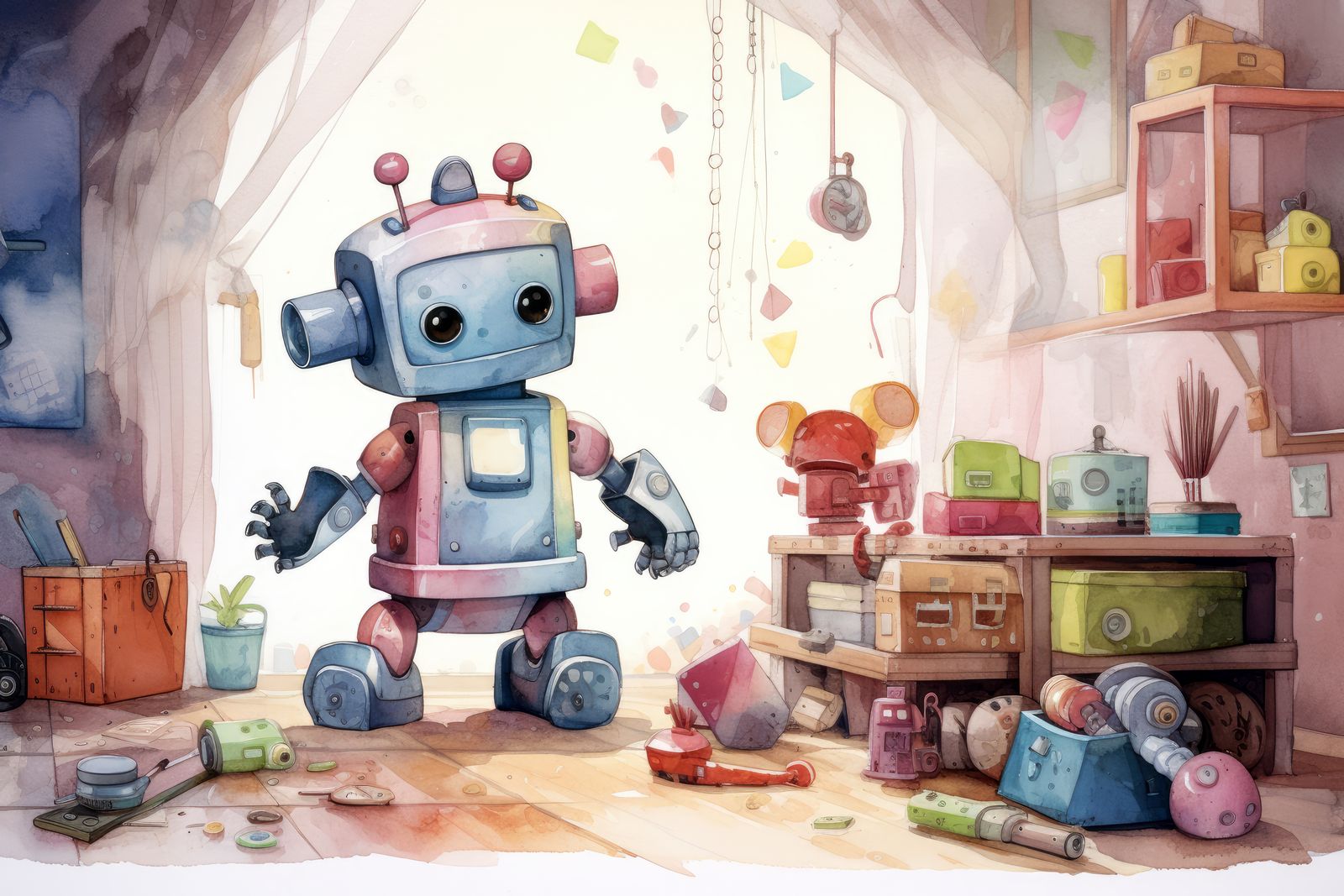 Illustration of a friendly robot in a playroom